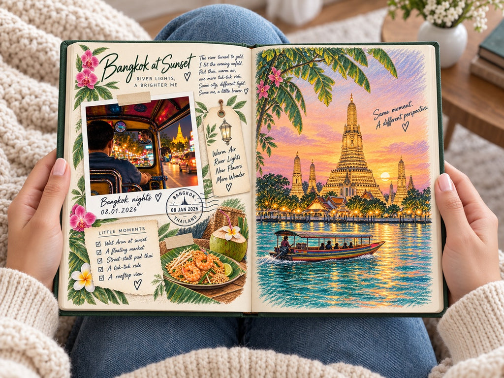 Reading the adventure photo book: a Bangkok tuk-tuk at night and an illustrated Wat Arun at sunset