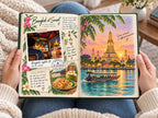 Reading the adventure photo book: a Bangkok tuk-tuk at night and an illustrated Wat Arun at sunset