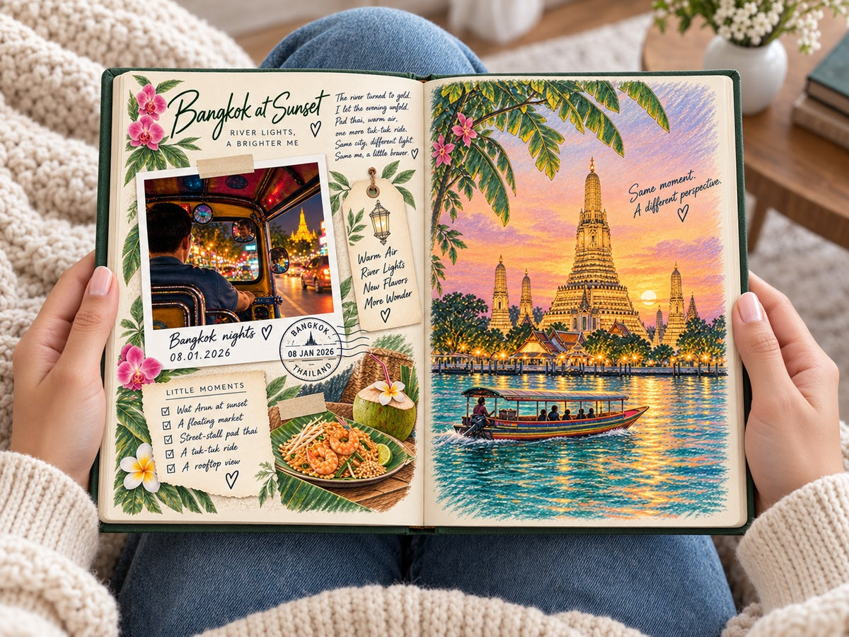 Reading the adventure photo book: a Bangkok tuk-tuk at night and an illustrated Wat Arun at sunset
