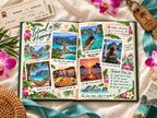 Destination photo book open to Island Hopping, with Phi Phi from above, a Krabi sunset and a Bangkok to Chiang Mai train ticket