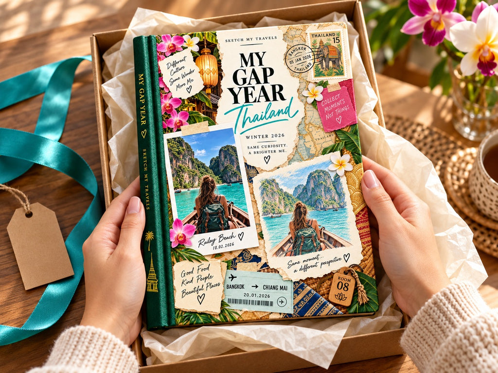 Adventure memory book gift: My Gap Year Thailand photo book unboxed from tissue paper