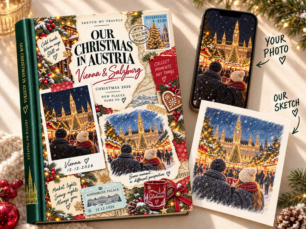 Travel photo book Austria: Our Christmas in Austria cover with a Vienna Christmas market phone photo next to its colored-pencil sketch