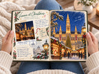 Reading the couples travel photo book: Vienna at Christmas pages with the Rathaus market lit up in the snow
