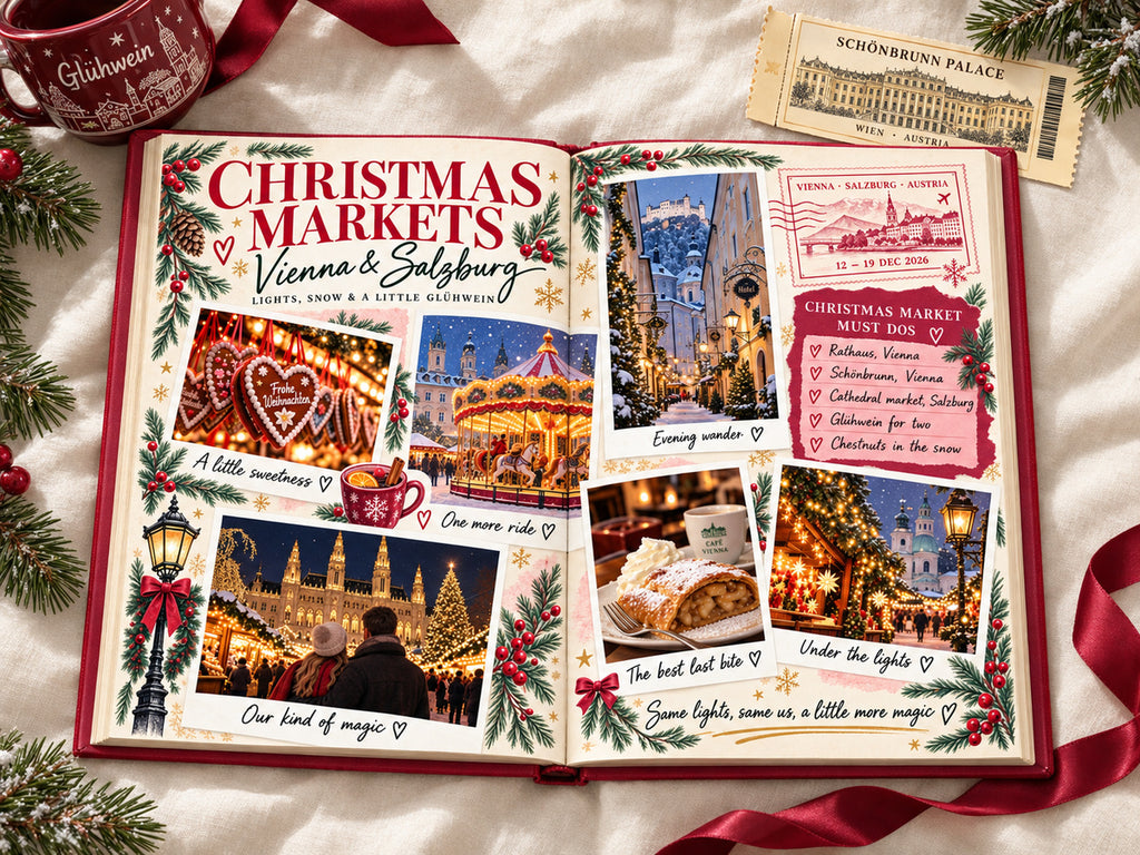 Europe travel photo book open to Christmas Markets in Vienna and Salzburg, with gingerbread hearts, apple strudel and a Schönbrunn Palace ticket