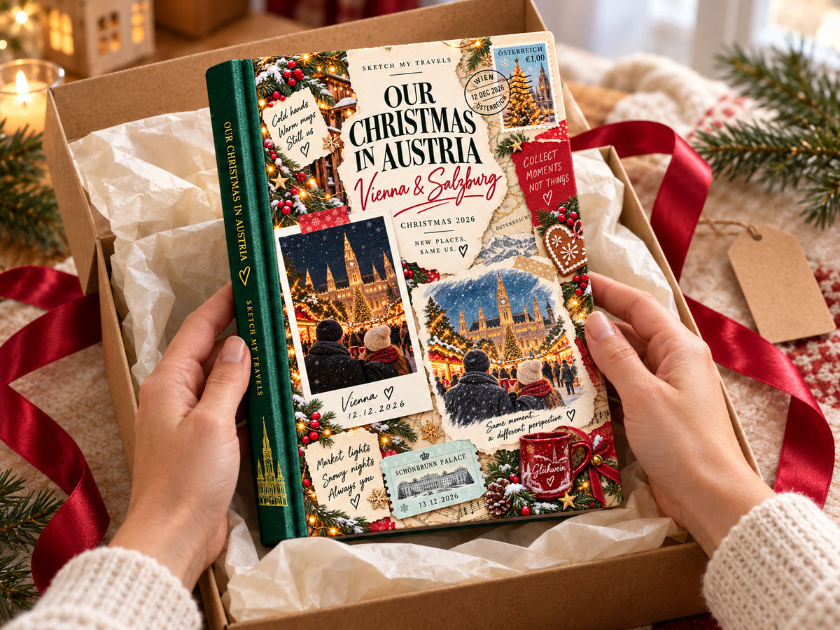 Photo book Christmas gift: Our Christmas in Austria couples photo book unboxed with red ribbon