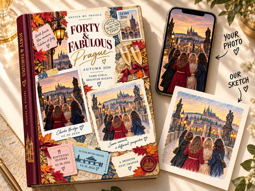 Travel photo book Prague: Forty & Fabulous cover with a Charles Bridge birthday toast photo on a phone next to its colored-pencil sketch