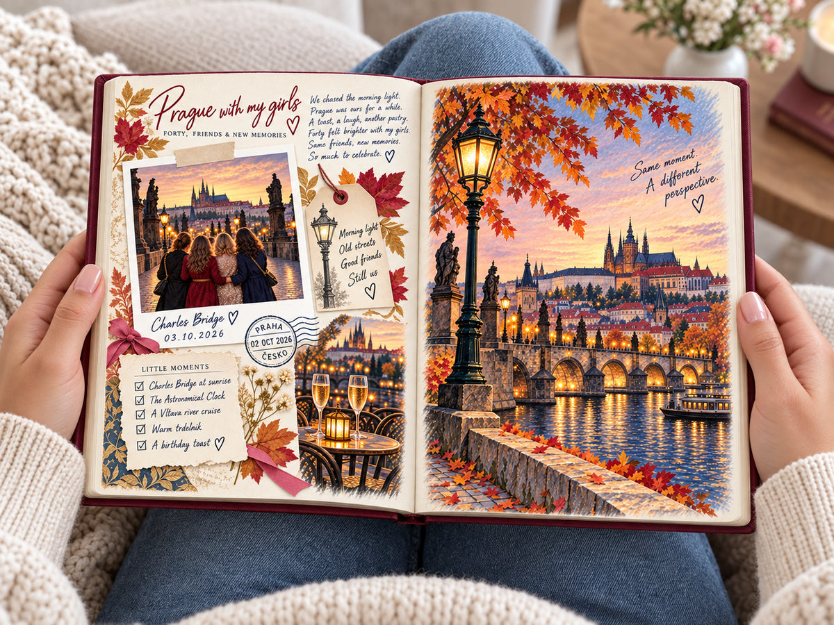 Reading the birthday photo book: Prague with my girls pages with Charles Bridge and Prague Castle in autumn
