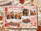 Europe travel photo book open to Birthday Weekend, with the Astronomical Clock, trdelník and a Vltava river cruise ticket