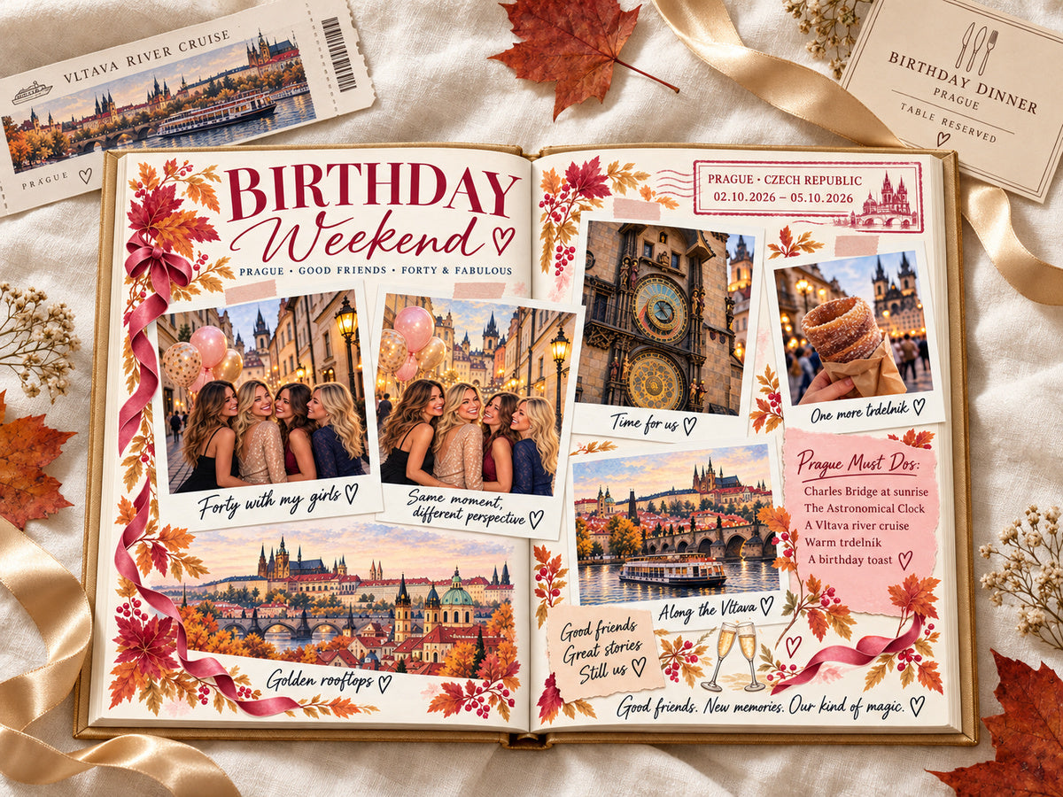 Europe travel photo book open to Birthday Weekend, with the Astronomical Clock, trdelník and a Vltava river cruise ticket