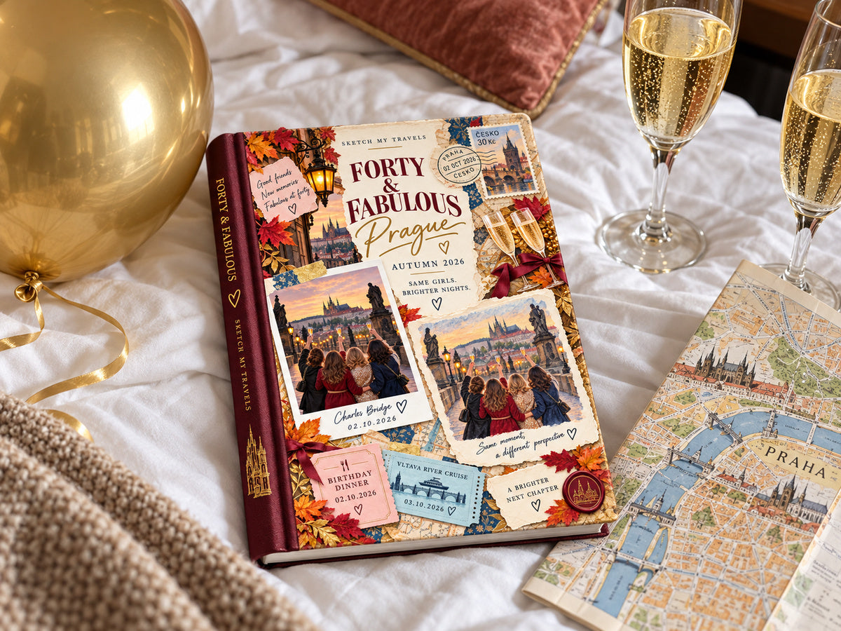 Girls trip memory book on a hotel bed with champagne, a gold balloon and a map of Prague