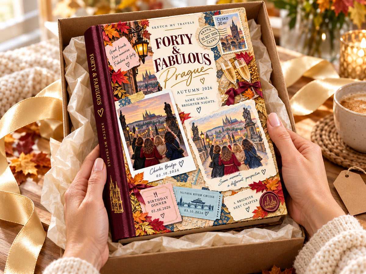 Photo book birthday gift: Forty & Fabulous Prague photo book for best friend unboxed with gold ribbon