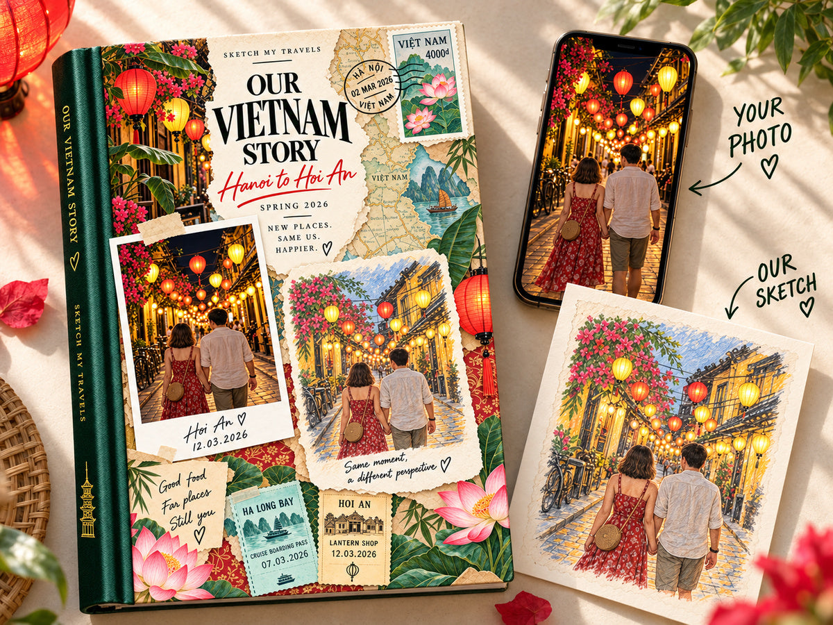 Travel photo book Vietnam: Our Vietnam Story cover with a Hoi An lantern street phone photo next to its colored-pencil sketch