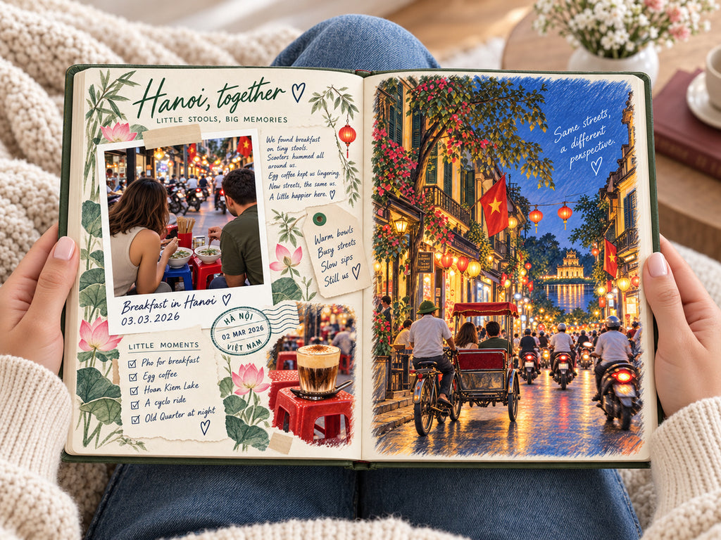Reading the couples travel photo book: Hanoi, together pages with street food and an illustrated cyclo ride at night