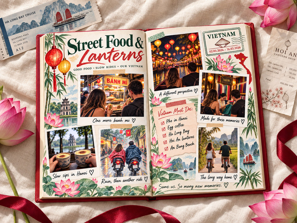 Destination photo book open to Street Food & Lanterns, with banh mi, egg coffee, Ha Long Bay and a lantern shop receipt