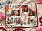 Destination photo book open to Street Food & Lanterns, with banh mi, egg coffee, Ha Long Bay and a lantern shop receipt