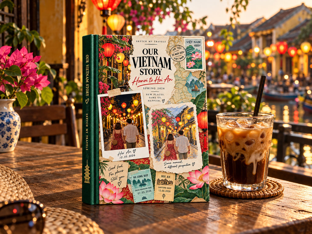 Adventure travel photo book on a Hoi An riverside cafe table with iced coffee and lanterns