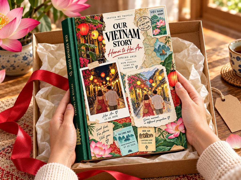 Couples travel memory book gift: Our Vietnam Story photo book unboxed with red ribbon