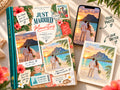 Travel photo book Mauritius: Just Married cover with a Le Morne sunset wedding photo on a phone next to its colored-pencil sketch