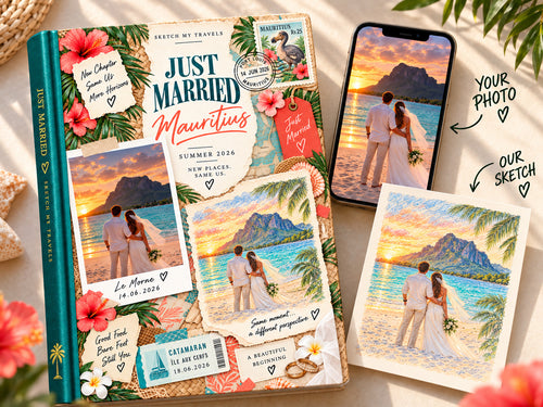 Travel photo book Mauritius: Just Married cover with a Le Morne sunset wedding photo on a phone next to its colored-pencil sketch