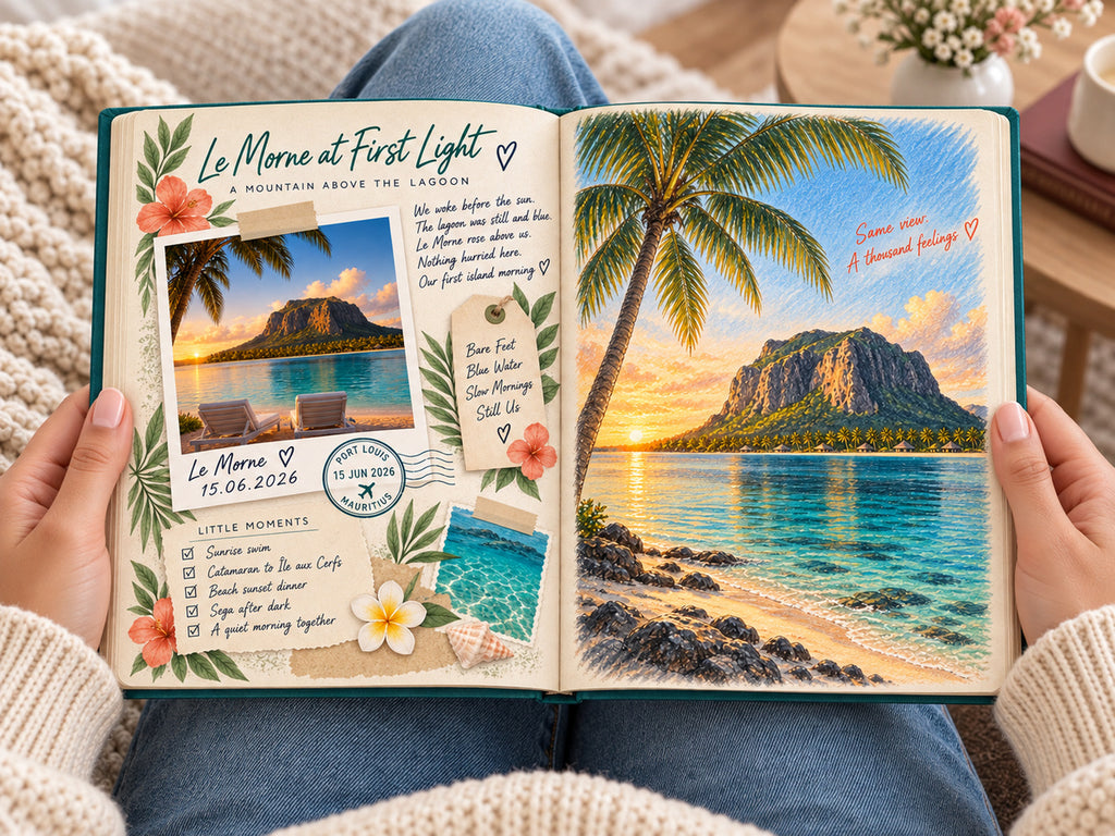 Reading the honeymoon photo book: Le Morne at First Light pages with an illustrated lagoon and palm tree