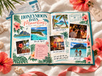 Destination photo book open to Honeymoon Days, with lagoon photos, sega after sunset and a catamaran cruise ticket