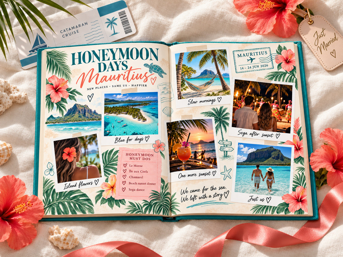 Destination photo book open to Honeymoon Days, with lagoon photos, sega after sunset and a catamaran cruise ticket