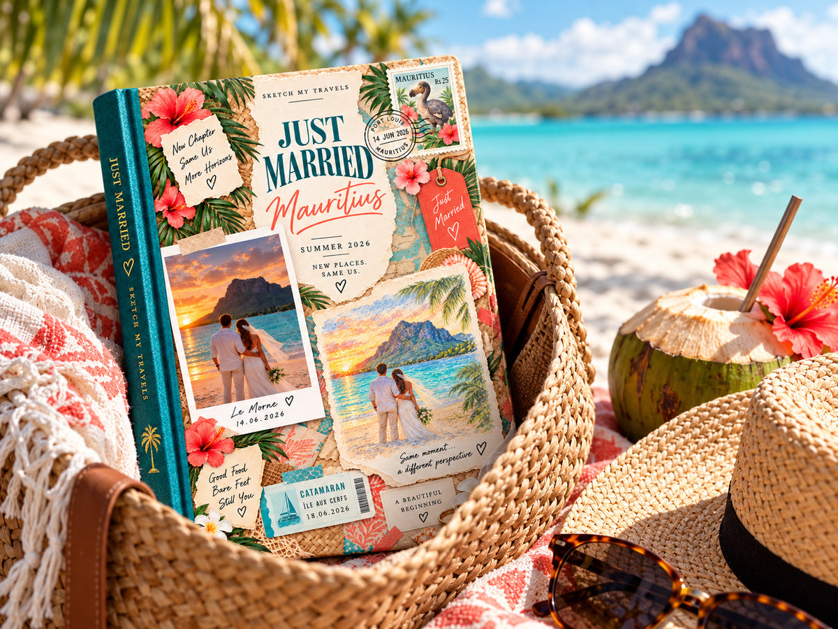 Honeymoon travel photo book in a straw beach bag with a coconut, sun hat and Le Morne behind