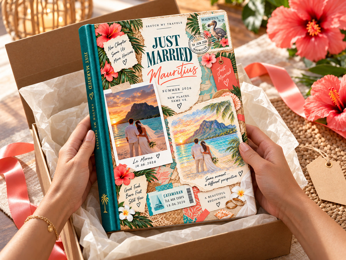 Honeymoon photo album gift: Just Married Mauritius couples travel photo book unboxed from tissue paper