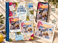 Travel photo book Greece: Our Family Summer cover with an Oia sunset family photo on a phone next to its colored-pencil sketch