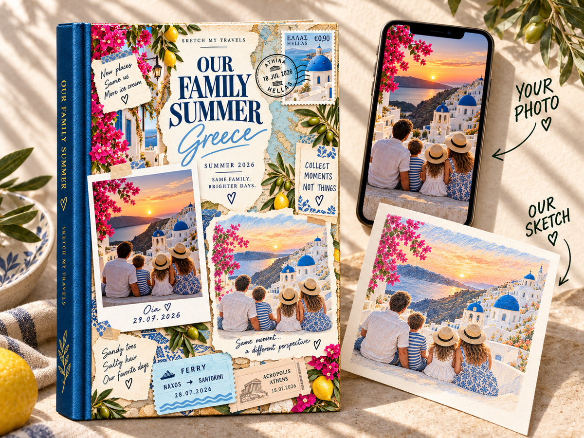 Travel photo book Greece: Our Family Summer cover with an Oia sunset family photo on a phone next to its colored-pencil sketch