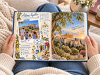 Reading the family vacation photo book: Athens, together pages with the Acropolis and an illustrated olive tree