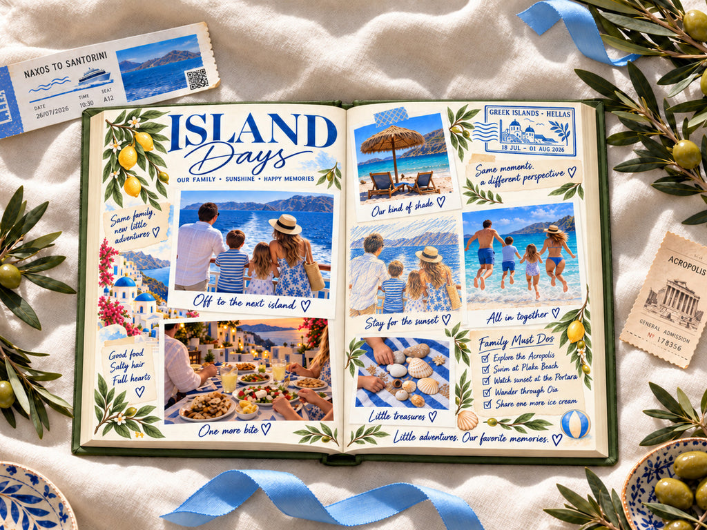 Europe travel photo book open to Island Days, with family beach photos, a Greek dinner and a Naxos to Santorini ferry ticket