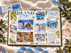 Europe travel photo book open to Island Days, with family beach photos, a Greek dinner and a Naxos to Santorini ferry ticket