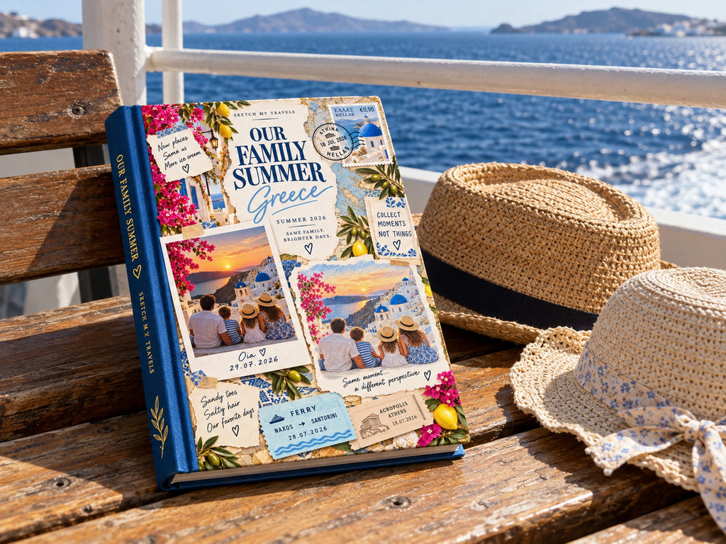 Family vacation photo album on a ferry bench with sun hats and the Aegean Sea behind