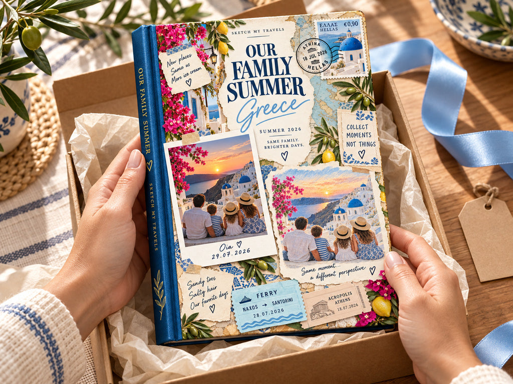 Family memory book gift: Our Family Summer Greece photo book unboxed with blue ribbon