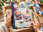 Family memory book gift: Our Family Summer Greece photo book unboxed with blue ribbon