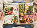 Reading the vacation memory book: Mornings in Ubud pages with a smoothie bowl and an illustrated flower bath
