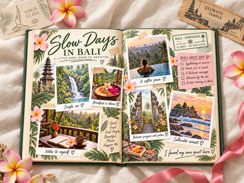 Destination photo book open to Slow Days in Bali, with a jungle waterfall, temple gates, Tanah Lot at sunset and an Uluwatu Temple ticket