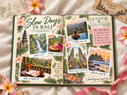 Destination photo book open to Slow Days in Bali, with a jungle waterfall, temple gates, Tanah Lot at sunset and an Uluwatu Temple ticket
