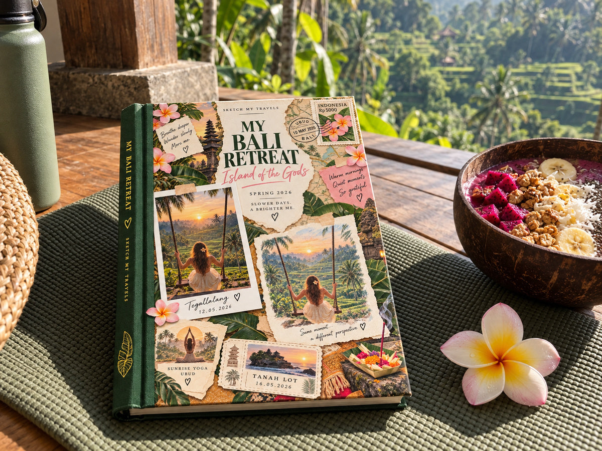 Vacation photo book on a yoga mat with a smoothie bowl and frangipani above the Ubud rice terraces