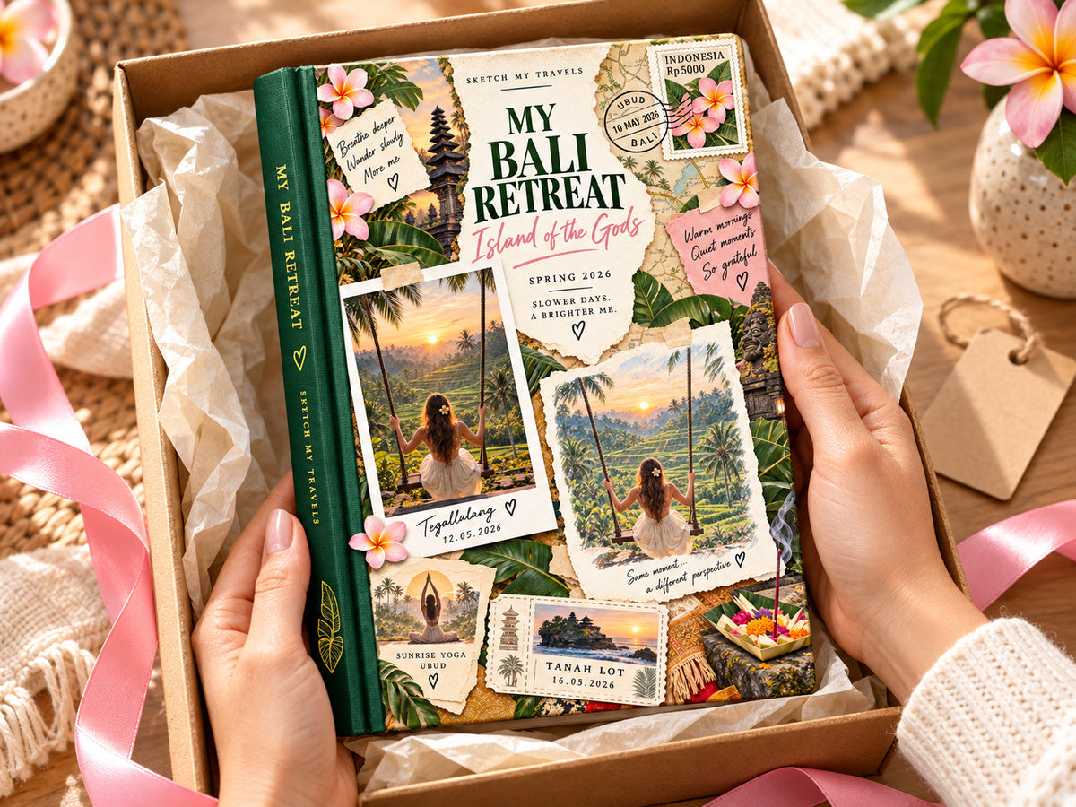 Vacation keepsake book gift: My Bali Retreat photo book unboxed with pink ribbon