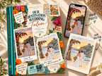 Travel photo book Mexico: Our Destination Wedding Tulum cover with a beach ceremony photo on a phone next to its colored-pencil sketch