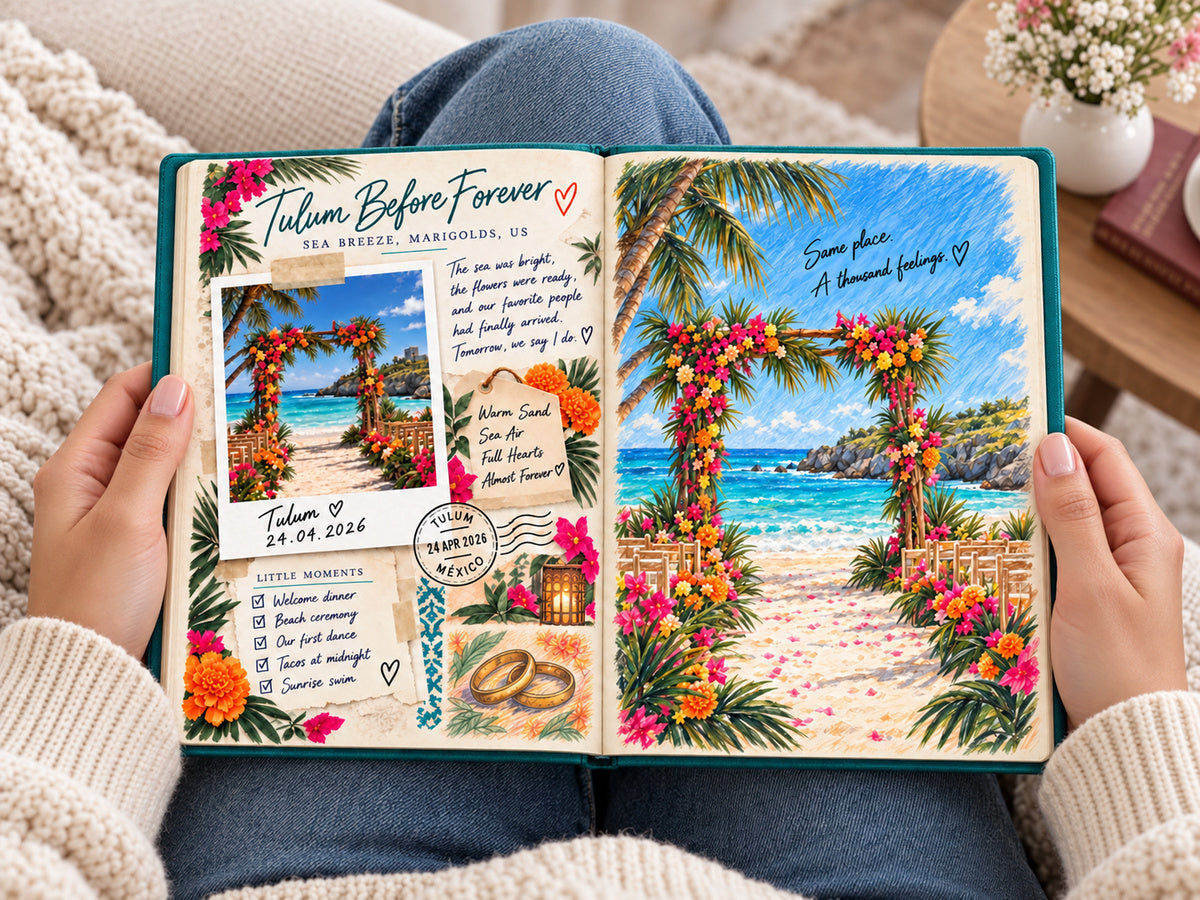 Reading the couples photo book: Tulum Before Forever pages with a flower arch and an illustrated beach ceremony