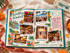 Destination photo book open to Wedding Weekend, with papel picado, mariachis, tacos at midnight and a cenote ticket