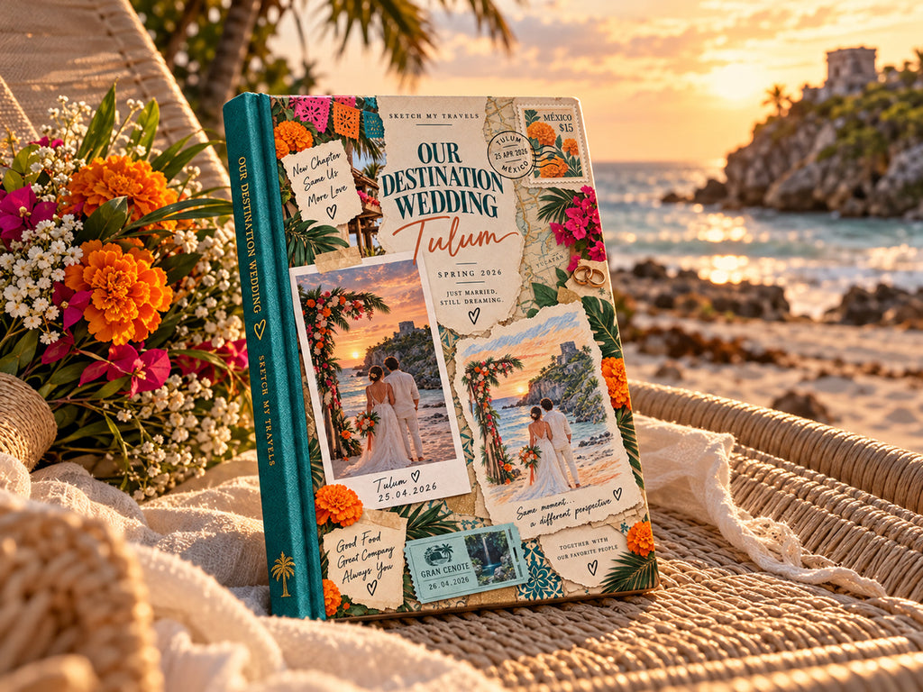 Couples travel memory book on a woven daybed with marigold flowers and the Tulum ruins at sunset