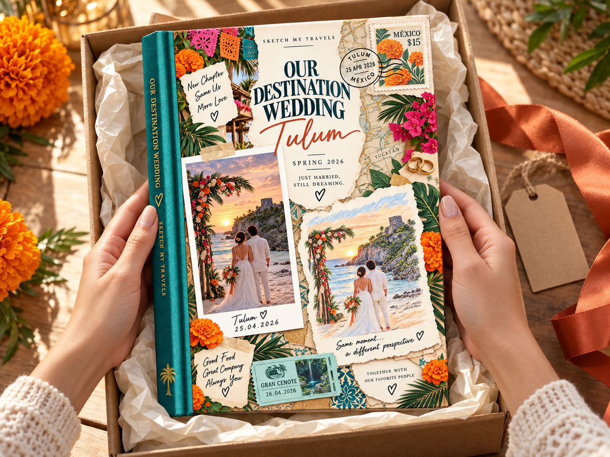 Couples photo book gift: Our Destination Wedding Tulum personalized photo album unboxed with terracotta ribbon