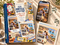 Travel photo book Portugal: Our Portugal Road Trip cover with an Algarve cliffs photo on a phone next to its colored-pencil sketch
