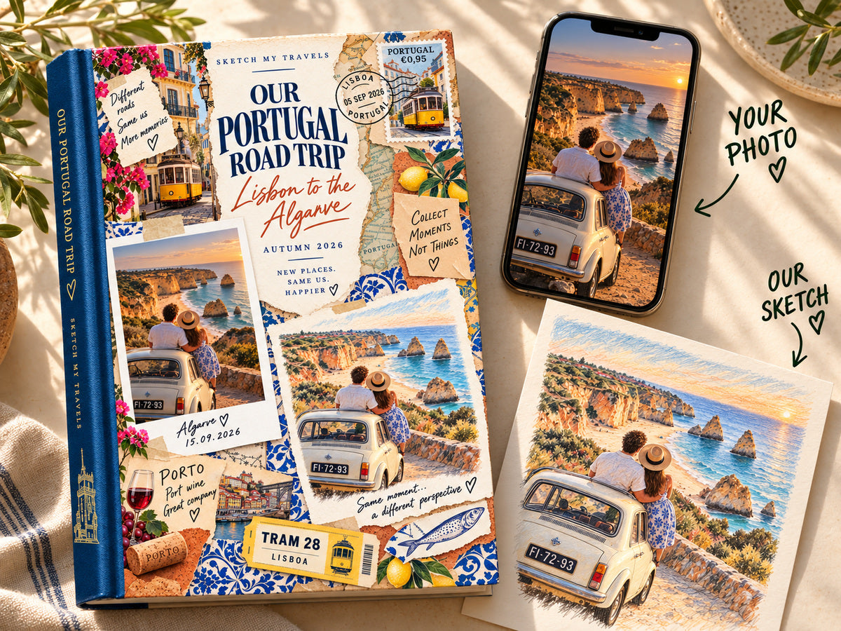 Travel photo book Portugal: Our Portugal Road Trip cover with an Algarve cliffs photo on a phone next to its colored-pencil sketch
