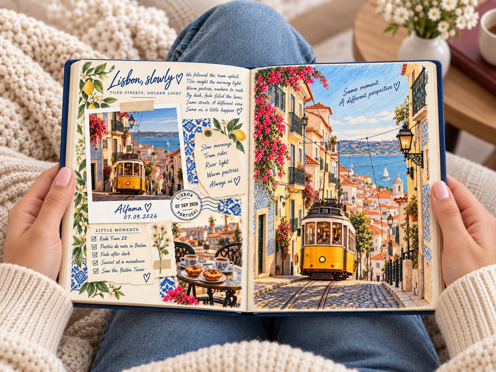 Reading the couples travel photo book: Lisbon, slowly pages with Tram 28 and an illustrated Alfama street