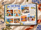 Europe travel photo book open to On the Road, with the Benagil cave by kayak, a vintage car and a Porto wine tasting ticket